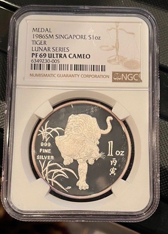 Read more about the article 1986 SM  Singapore Tiger S 1 OZ Medal Lunar Series NGC PF 69UC Freshly Graded