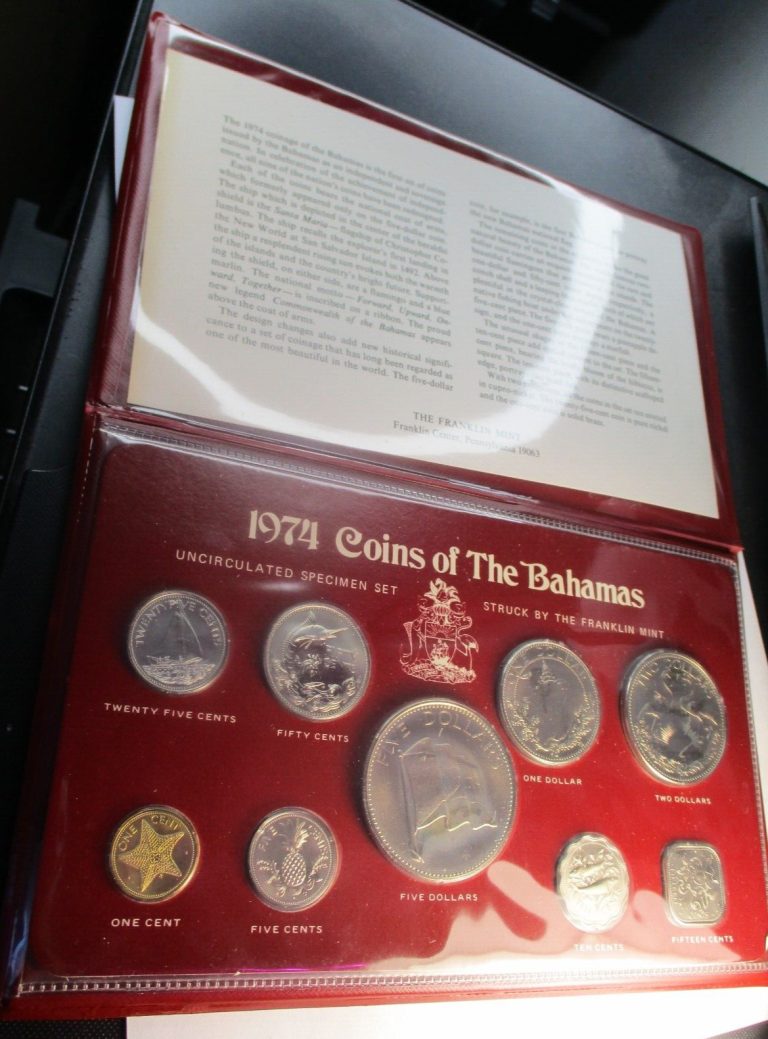 Read more about the article 1974 Coins of the Bahamas 9 Coin Uncirculated Speciment Set Franklin Mint w/ COA