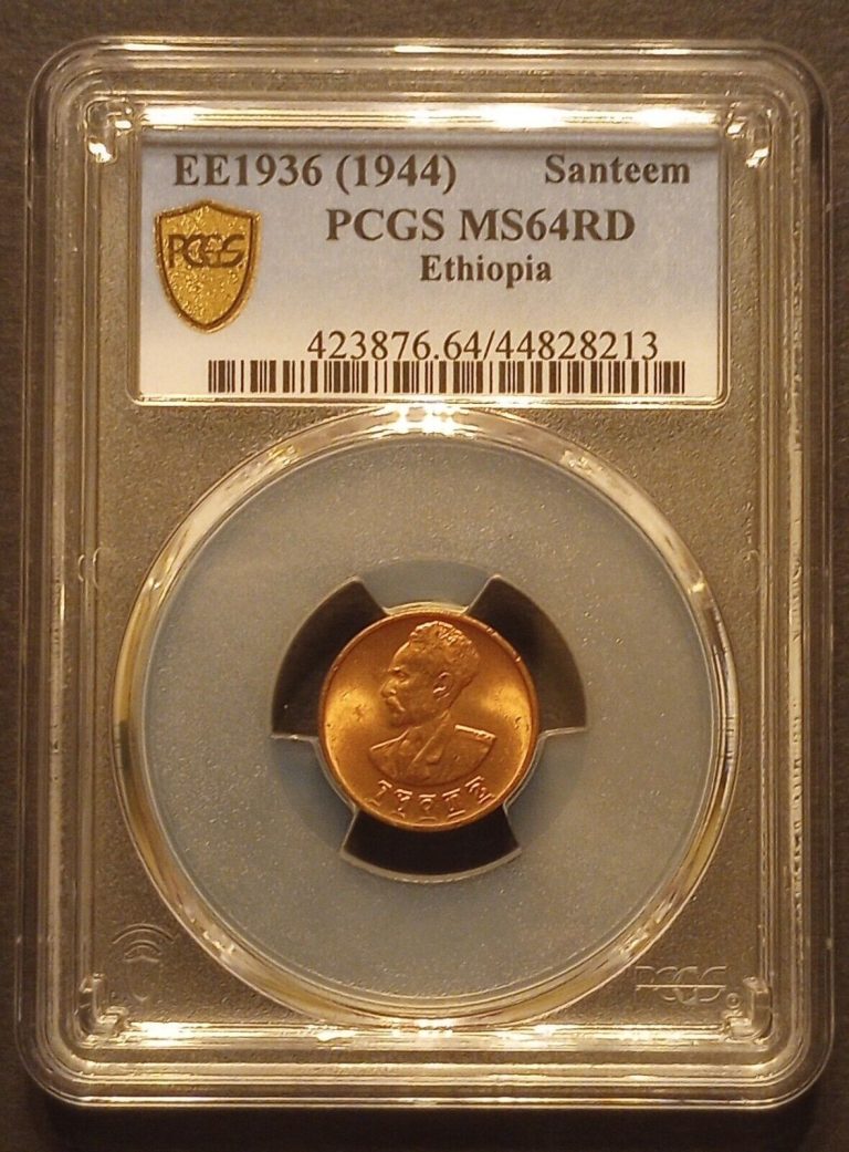 Read more about the article EE 1936 (1944) Ethiopia 1 Santeem  Haile Selassie  PCGS MS-64 RD KM#32