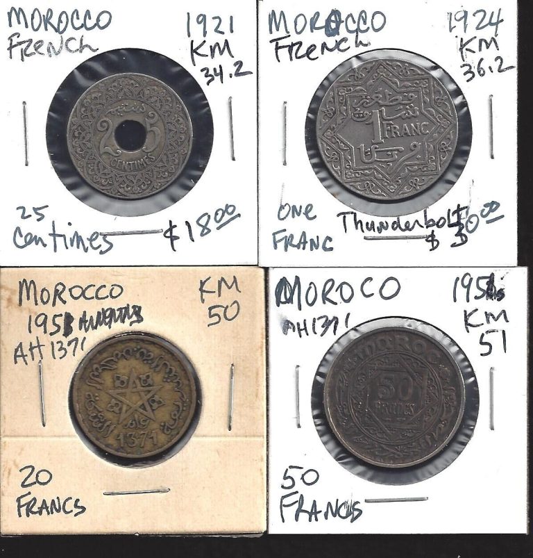 Read more about the article MOROCCO COINS – LOT OF 4 COINS MIXED DENOMINATIONS 1921-1950s