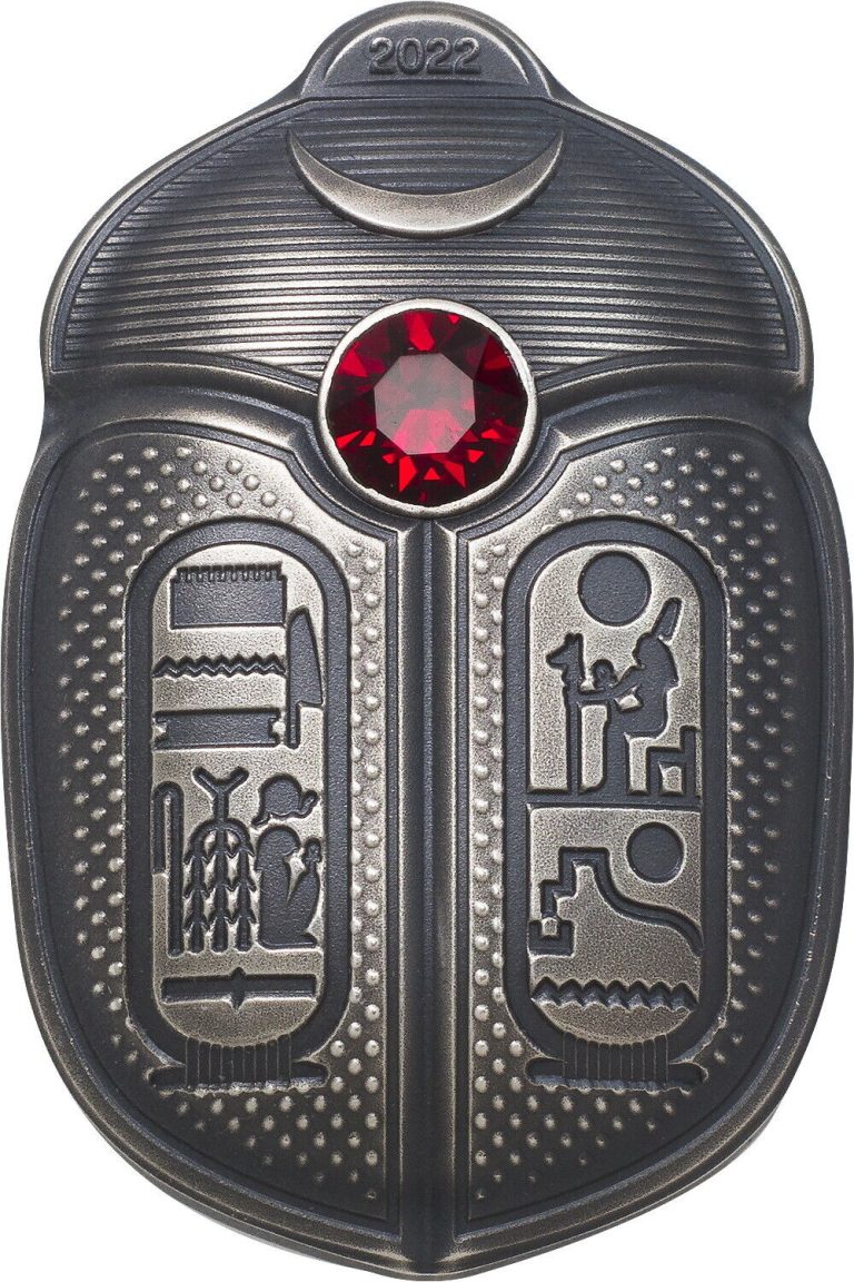 Read more about the article 2022 Palau $5 Scarab Shaped Ramses II UHR 1oz Antique Silver Coin