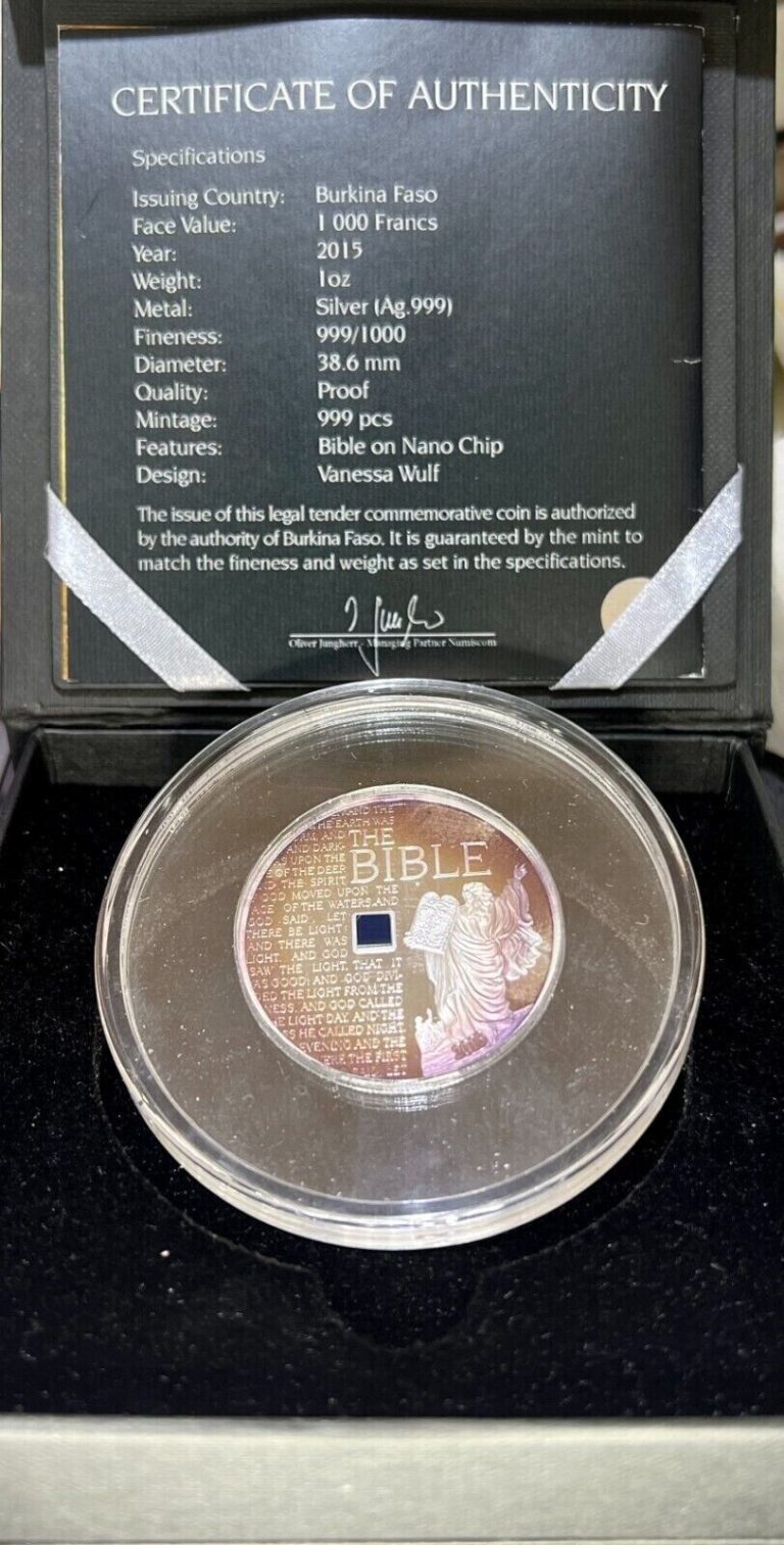 Read more about the article 2015 Burkina Faso 1000 francs 1 oz Silver The Bible Nano Chip Coin W/ Box and COA