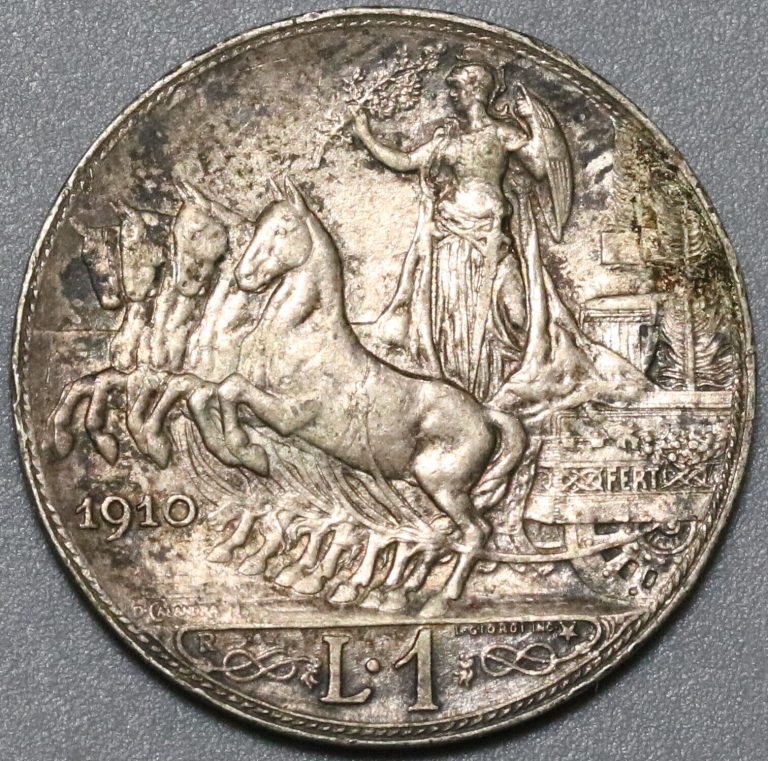 Read more about the article 1910 Italy 1 Lira AU Horses and Chariot Silver Coin (20072701R)