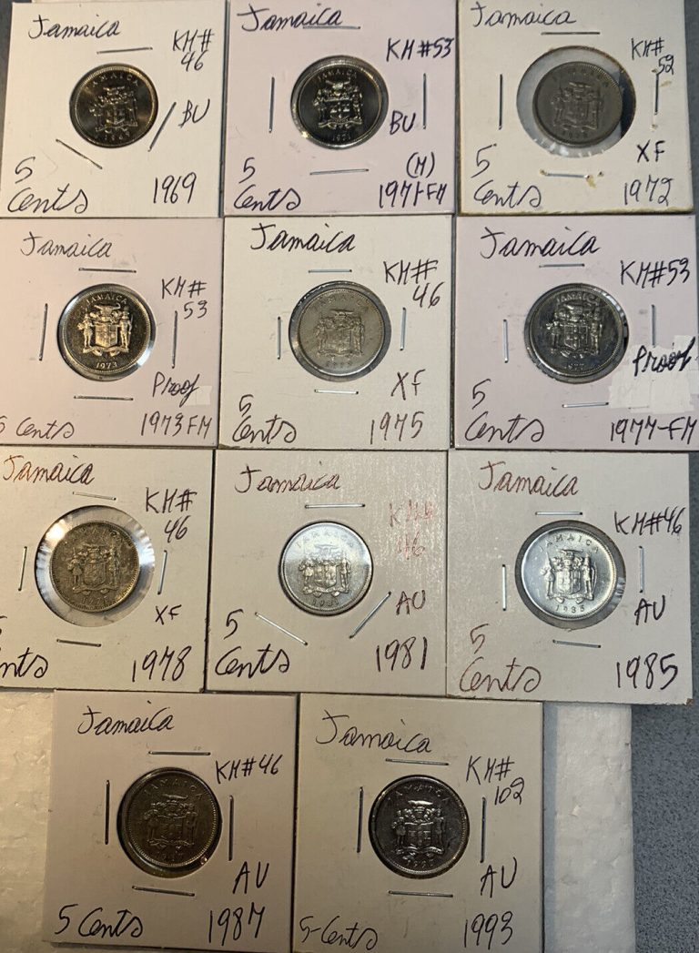 Read more about the article Jamaica 1969 – 1993 Five 5 Cents High Grades XF – Proof Condition 11 Coin lot