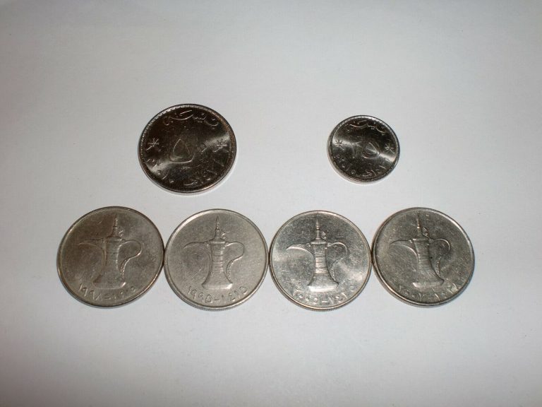 Read more about the article OMAN(2) and UAE(4) COINS LOT- 6 “25 and 50 BAISA”+UAE 4X1 DIRHAM COINS-1995-2010#5EF