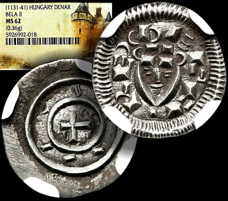 Read more about the article BéLA II – the Blind; 1131-41 Hungary Æ SILVER Denar Coin NGC MS62 +COA / GGcoins