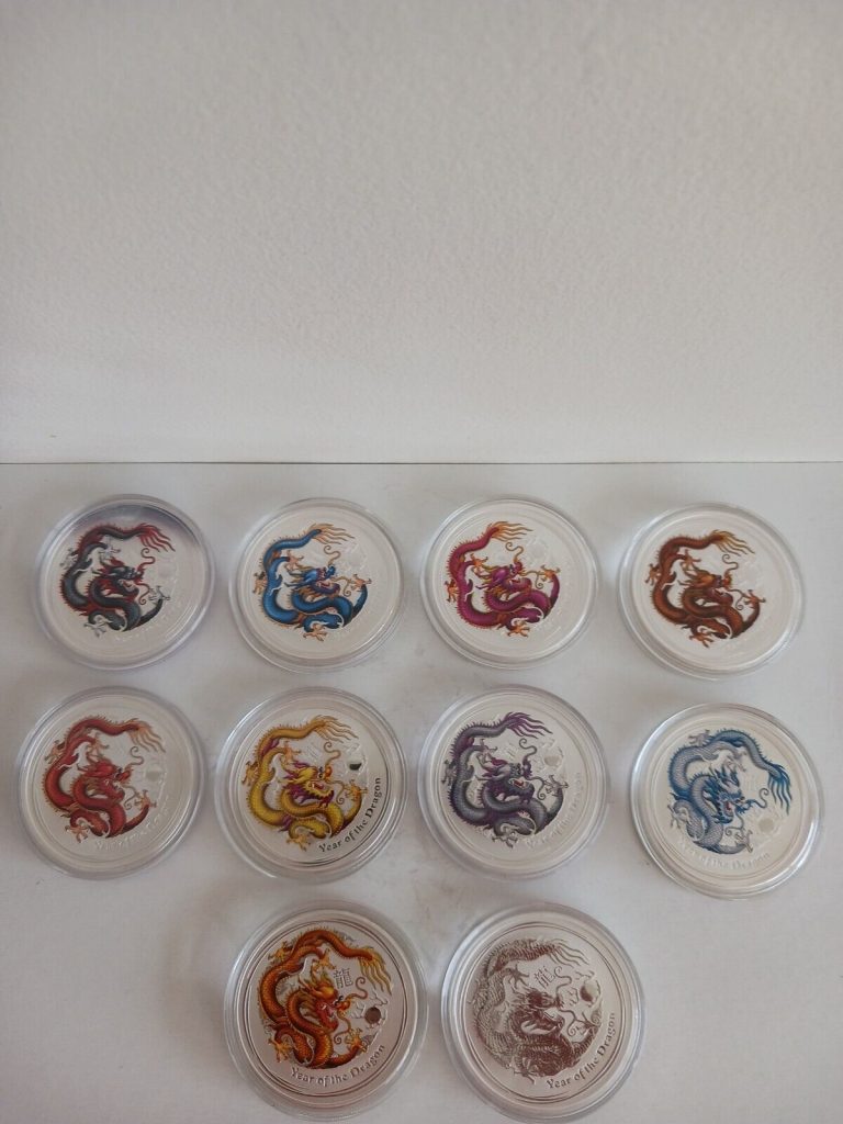 Read more about the article 2012 Australia Silver 1 Oz Lunar Dragon Lot Of 10 Multi-Colored Coins BU.