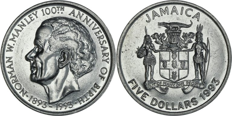 Read more about the article Jamaica: 5 Dollars nickel plated steel 1993 (Norman W. Manley) – UNC