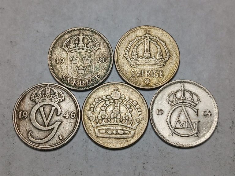 Read more about the article Sweden 50 Ore Type Set – 5x Coins – Silver and Cu-Ni 1928 1945 1946 1953 1964