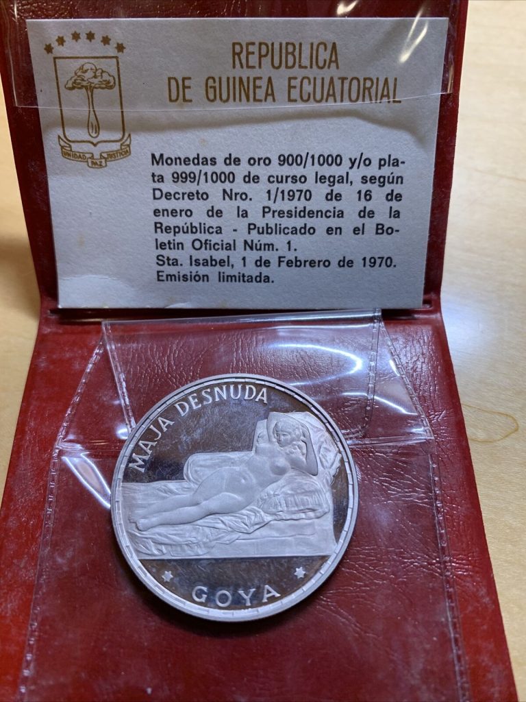 Read more about the article NUDE EQUATORIAL GUINEA 1970 100 PESETAS GOYA MAJA DESNUDA SILVER WORLD COIN .642