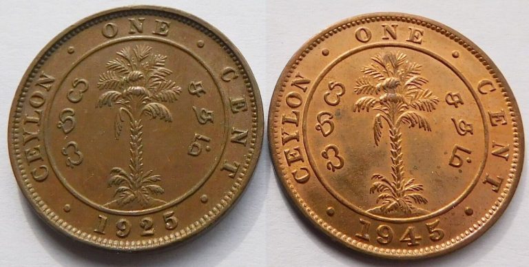 Read more about the article 1925 + 1945 Ceylon One 1 Cent Coins – AU/UNC  King George V + VI  Sri Lanka