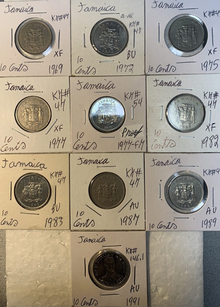 Read more about the article Jamaica 1969 – 1991 Ten 10 Cents High Grades XF – Proof Condition 10 Coin lot