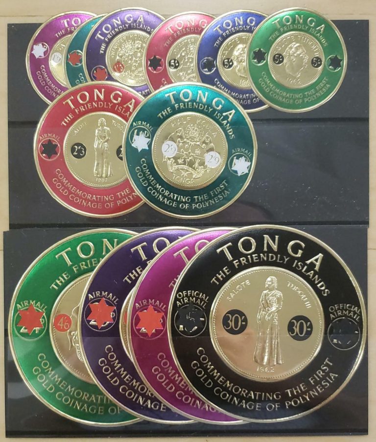 Read more about the article Tonga Coin Stamps SURCHARGED – Scott 140-45 C11- C15 C08 1965 Coin Stamps – MNH