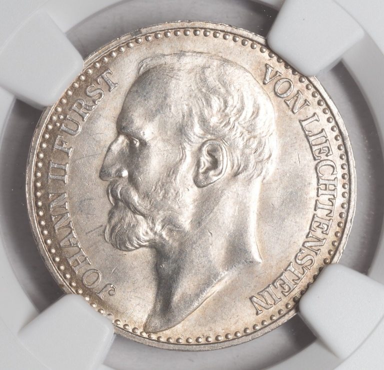 Read more about the article 1910  Liechtenstein  Prince Johann II “the Good”. Silver 1 Krone Coin. NGC MS64!