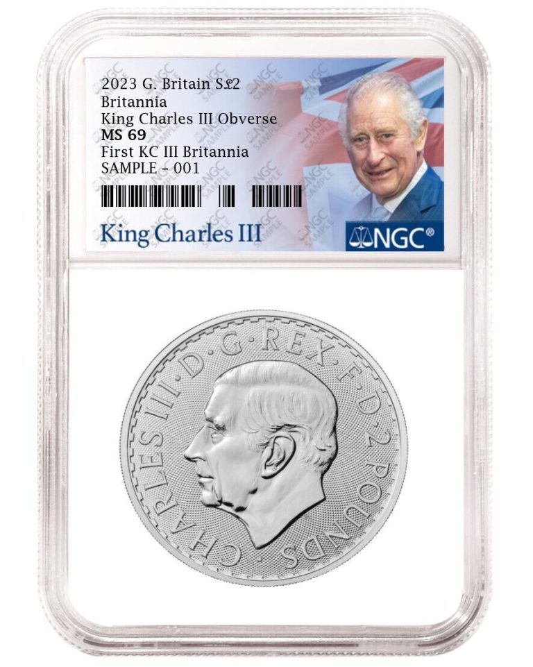 Read more about the article 2023 2 pound first silver britannia with king charles III ngc ms69 KC III label