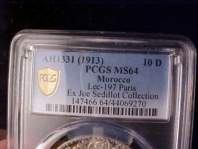 Read more about the article MOROCCO 10 DIRHAMS AH 1331 (1913) PCGS MS 64