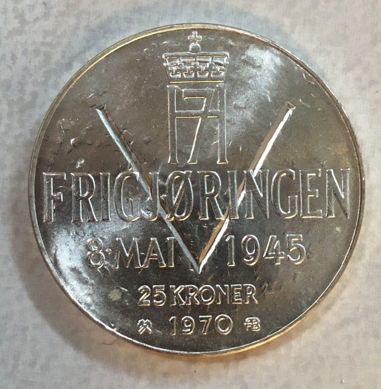 Read more about the article Norway 25 Kroner 1970  25 Years Celebration Of WWII Liberation- Unc Silver Coin