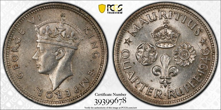 Read more about the article Mauritius  1946 George VI 1/4 Rupee. PCGS AU 58. 2 000 000 Mintage.