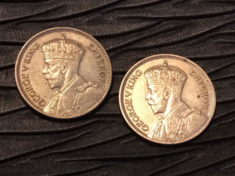 Read more about the article NEW ZEALAND 1933 and 1934 1 Florin George V Silver VF+ (2 Coins Total).