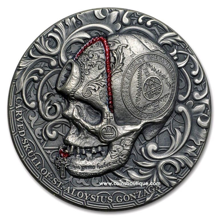 Read more about the article 2018 Cameroon 1 oz Carved Skull of St. Aloysius Gonzaga Antique Silver Coin