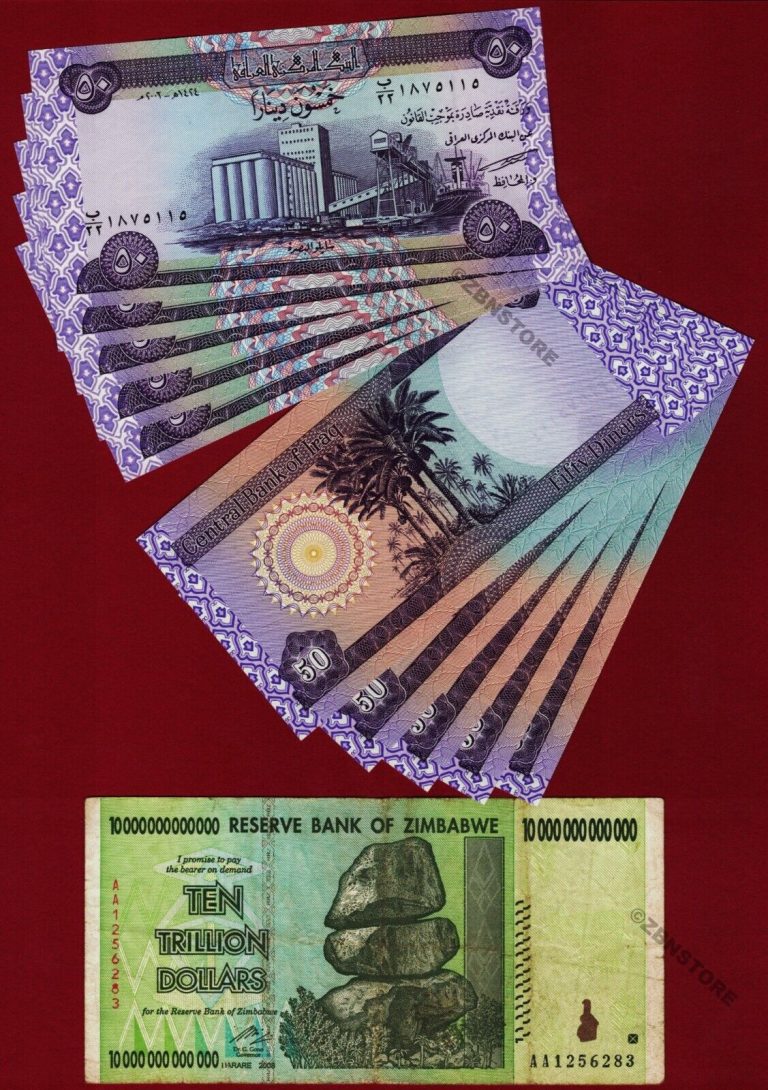 Read more about the article 10 Trillion Zimbabwe Dollars AA 2008 + 10 x 50 Iraq Dinars Banknotes IQD w/ COA