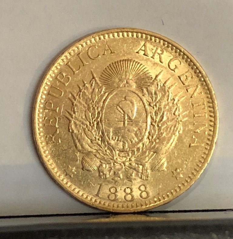 Read more about the article ARGENTINA 5 PESOS GOLD  1888 LUSTROUS RARE COIN–ARGENTINO DEPICTS LADY LIBERTY