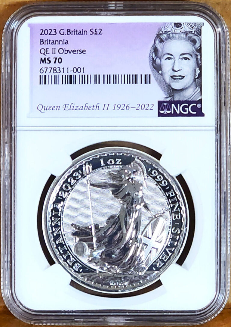 Read more about the article 2023 UK 2 lb final silver britannia with queen elizabeth effigy ngc ms70 Queen