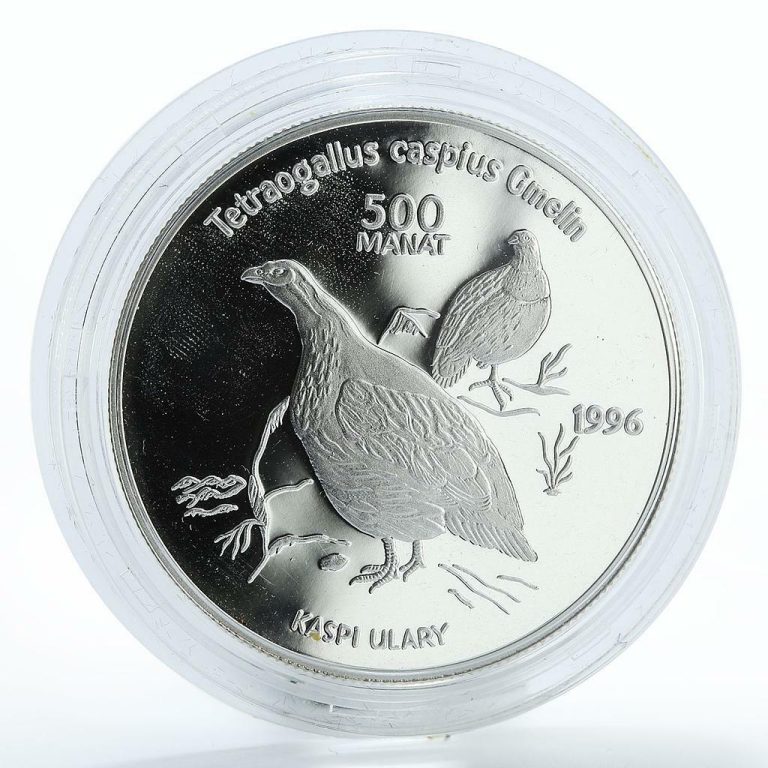 Read more about the article Turkmenistan 500 manat Red Book Tetraogallus caspius fauna silver coin 1996