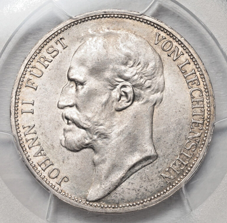 Read more about the article 1915  Liechtenstein  Prince Johann II. Silver 2 Kronen Coin. Pop 6/1! PCGS MS65!