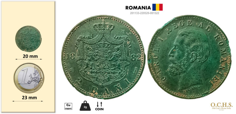 Read more about the article ROMANIA. Carol I 1881 – 1914. 2 Bani 1882. VF+