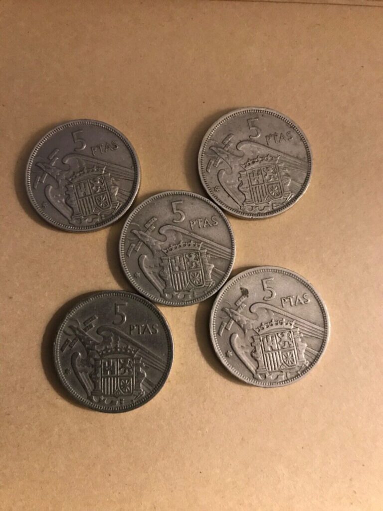 Read more about the article SPANISH 1957 LARGE OLD PRE-EURO 5 PTAS COIN lot of 5