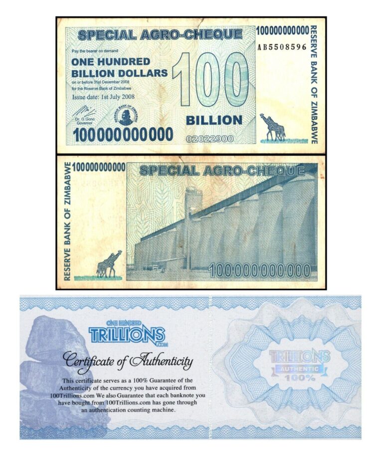 Read more about the article 1 Zimbabwe 100 Billion Special Agro Cheque banknote 2008  P-64 USED COA
