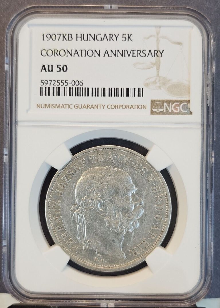 Read more about the article 1907 HUNGARY SILVER 5 KORONA CORONATION ANNIVERSARY NGC AU 50 GOOD LOOKING COIN