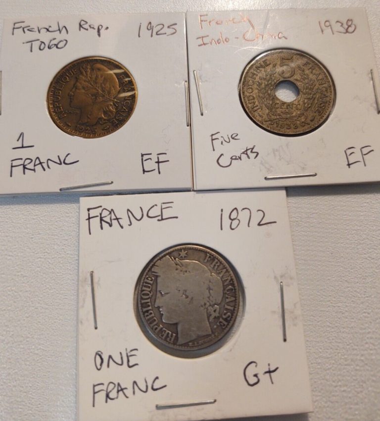 Read more about the article French Rep Togo Franc 1925 Bronze 1938 Indo China 5 Cent 1872 Silver 3 Coin Lot!