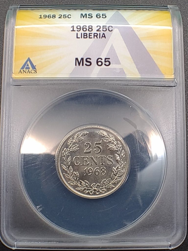 Read more about the article 1968 Liberia 25 Cents KM# 16a.2 ANACS MS 65