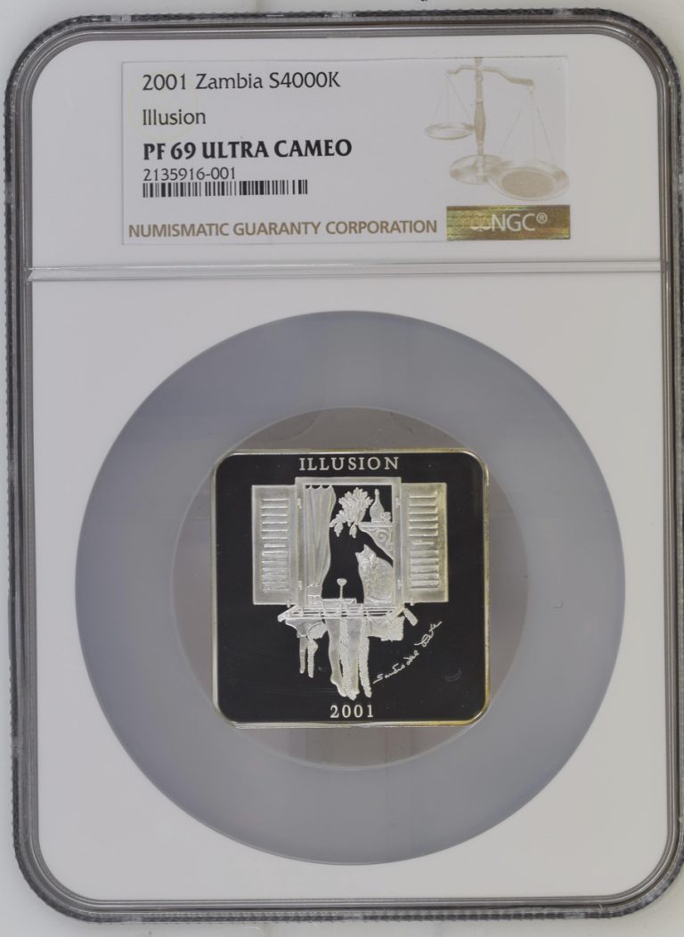 Read more about the article 4000 KWACHA 2001 ZAMBIA CAT IN THE WINDOW ILLUSION SILVER PROOF NGC PF69 RARE