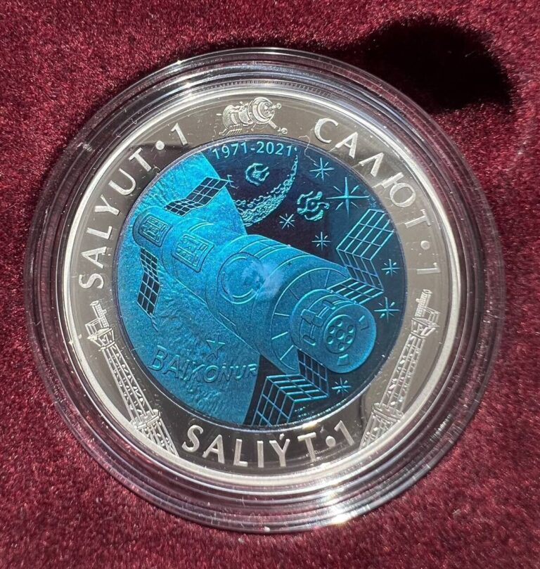 Read more about the article KAZAKHSTAN: NEW coin 500 tenge  2021 SALYUT-1 (DOS-1) silver + TANTALUM Space