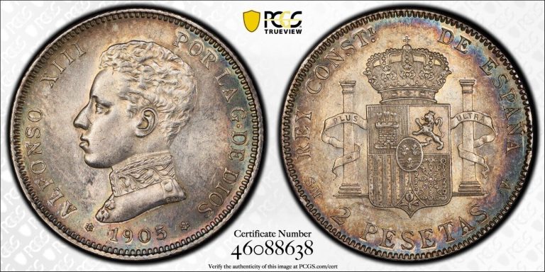 Read more about the article 1905 Spain 2 pesetas PCGS MS62  King Alfonso XIII Silver – Nice Toning
