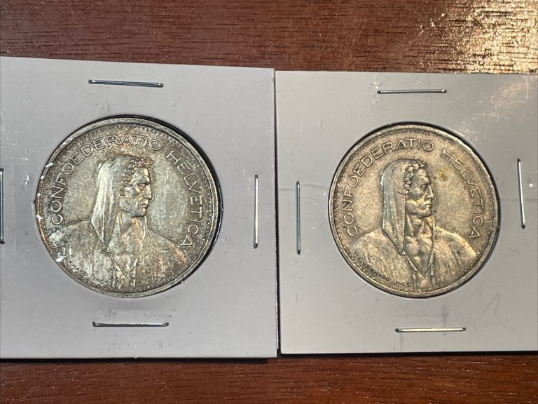 Read more about the article Lot of Two Swiss 5 Fr Silver Helvetica Coins – 1953 and 1935