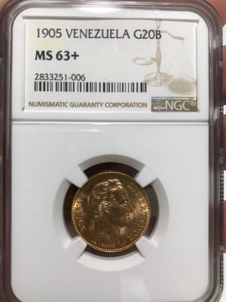 Read more about the article VENEZUELA  –  20 BOLIVARES GOLD 1905 – MS63+