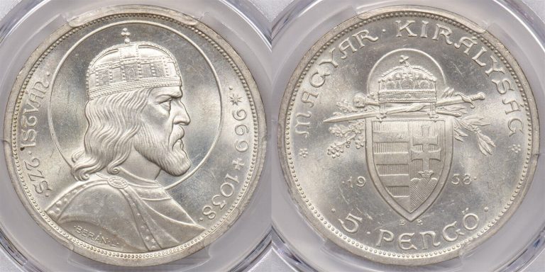 Read more about the article Hungary 1938 BP 5 Pengo PCGS MS 64 St. Stephan Restrike PI0031 combine shipping