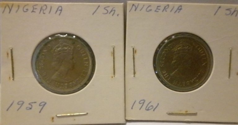 Read more about the article Nigerian Federation of Nigeria 1 Shilling Coins 1959 and 1961 Carded Uncleaned A9