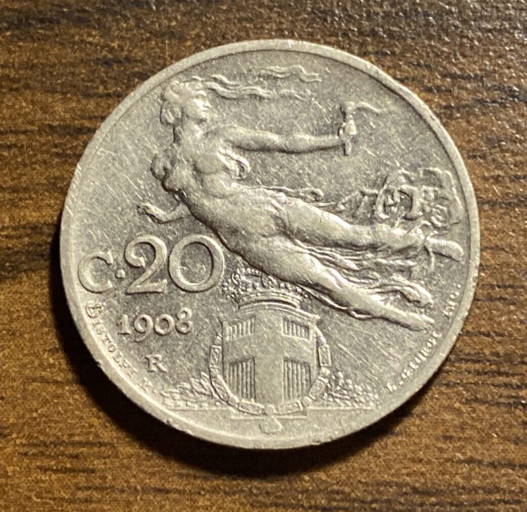 Read more about the article World Coins  Italy Coin  20 Centesimi 1908 Coin Flying Nude