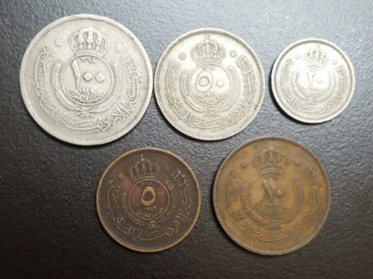 Read more about the article 1949 JORDAN SET OF 5 COINS AH-1368 FIRST ISSUE 5 10 20 50 100 FILS KM 3 4 5 6 7