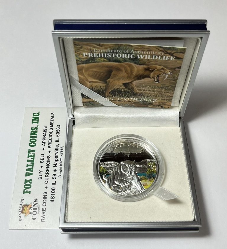 Read more about the article 2011 IVORY COAST SABRETOOTH TIGER – EMILODON – PROOF SILVER COIN IN BOX W/COA!