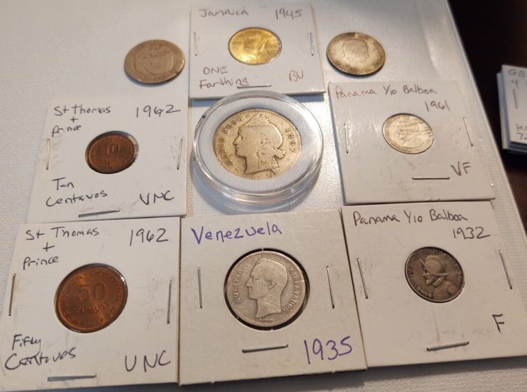 Read more about the article 1897 Dominican 1945 Jamaica 1935 Venezuela Panama St Thomas Columbia 9 Coin Lot!