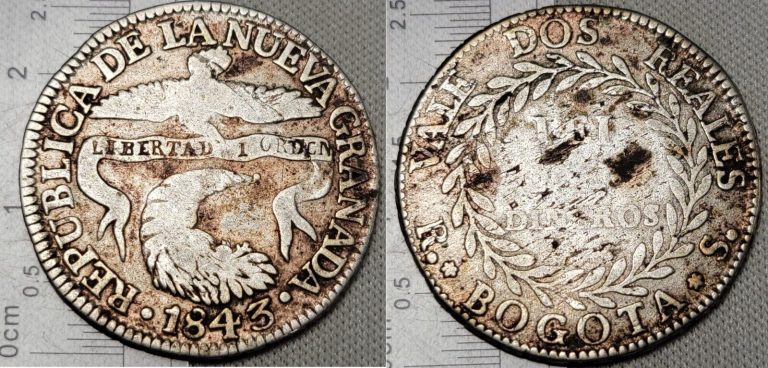 Read more about the article Columbia 1843 2 Reales 2R Silver Pirate Treasure Coin