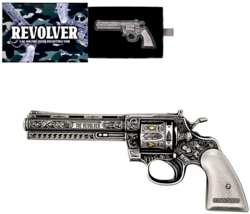 Read more about the article 2023 Chad Revolver Shaped Coin 2oz .999 Silver Antiqued High Relief Gun Metal