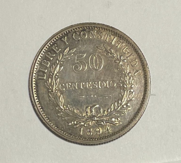 Read more about the article 1894 Uruguay Silver 50 Centesimos AU KM# 16