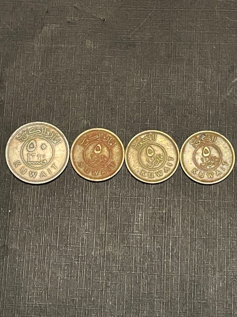 Read more about the article Lot of (4) 1961 50 Flsa and 1961  1962  1962 5 Fluce  Kuwait Coins